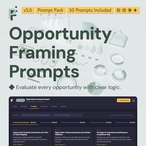 May include: A digital product display titled Opportunity Framing Prompts v5.0 with 30 prompts included. The graphic features dark green text on a light background with data charts and a dark interface showing categories like Opportunity Evaluation.