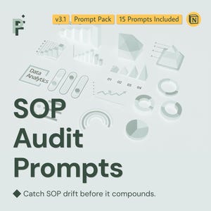 May include: A light green graphic with the text "SOP Audit Prompts" and the tagline "Catch SOP drift before it compounds." The image includes data analytics charts and the text "v3.1 Prompt Pack 15 Prompts Included."