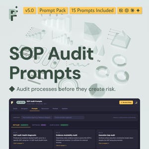 May include: A digital product display featuring the text SOP Audit Prompts, v5.0 Prompt Pack, 15 Prompts Included, and Audit processes before they create risk. The graphic includes light gray data charts, graphs, and a dark interface dashboard.