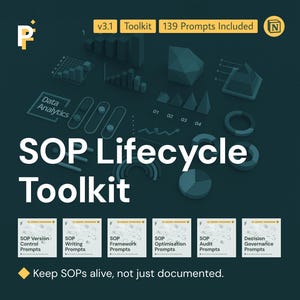 Op de afbeelding: Donkerblauwe afbeelding met de tekst "SOP Lifecycle Toolkit" en "v3.1 Toolkit 139 Prompts Included." Bevat pictogrammen en de tekst "Keep SOPs alive, not just documented."