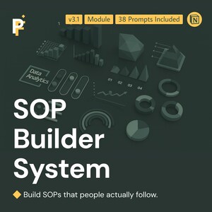 Könnte beinhalten: Dunkelgrüne Grafik mit dem Text "SOP Builder System" in großen weißen Buchstaben. Das Bild enthält Datenanalyse-Diagramme und den Text "Build SOPs that people actually follow."