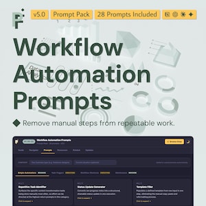 Könnte beinhalten: Eine digitale Produktanzeige mit dem Text Workflow Automation Prompts und v5.0 Prompt Pack 28 Prompts Included. Darunter zeigt eine dunkle Benutzeroberfläche ein Dashboard mit Registerkarten für Guide, Navigator, Prompts, Resources, Related und Updates.