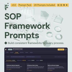 May include: A digital product display titled SOP Framework Prompts v5.0 with 20 prompts included. The graphic features dark green text on a light background with abstract data charts and a dark interface showing architecture selection diagnostic tools.