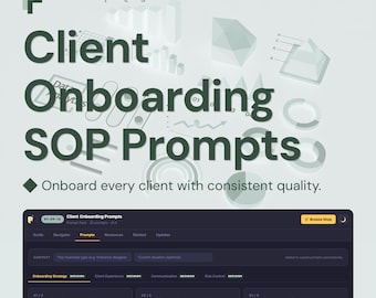 May include: A digital product graphic titled Client Onboarding SOP Prompts v5.0, featuring 20 prompts, a dark interface preview with navigation tabs, and business strategy text including Onboarding Diagnostic, Ownership Map, and Internal Handover.