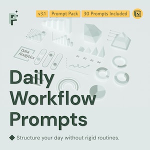 Op de afbeelding: Een lichtgroene afbeelding met de tekst "Daily Workflow Prompts" en "Structureer uw dag zonder rigide routines." De afbeelding bevat data-analyse-pictogrammen en de tekst "v3.1 Prompt Pack 30 Prompts Included."