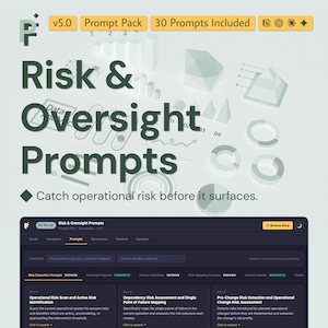 Pode incluir: Um produto digital intitulado Risk & Oversight Prompts v5.0, incluindo 30 prompts. A imagem apresenta ícones de visualização de dados e o texto Catch operational risk before it surfaces. Abaixo, uma interface escura exibe as categorias.