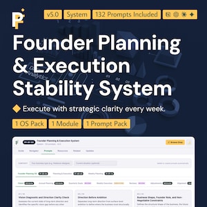 Op de afbeelding: Een digitale productinterface getiteld Founder Planning & Execution Stability System, met een donkerblauwe achtergrond, data-analyse graphics, gele labels voor v5.0, 132 prompts en een wit dashboard met planningsmodules.