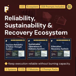 May include: A promotional graphic with the title "Reliability, Sustainability & Recovery Ecosystem." It features three system modules: Decision Reliability, Sustainable Operations, and Execution Recovery. The graphic includes the text "359 Prompts Included."
