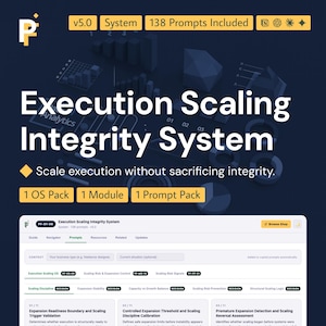 Peut inclure: Une interface de produit numérique intitulée Execution Scaling Integrity System, sur fond bleu foncé avec des graphiques et du texte. Elle comprend un tableau de bord logiciel avec des onglets de navigation, des catégories de prompts et des modules.