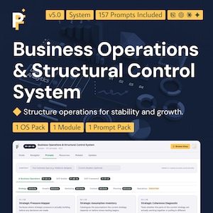 May include: A digital business operations and structural control system dashboard featuring the text Business Operations & Structural Control System, v5.0, 157 Prompts Included, 1 OS Pack, 1 Module, 1 Prompt Pack, and Structure operations for stability and growth.