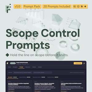 May include: A digital product graphic titled Scope Control Prompts v5.0 with 20 prompts included. The design features dark green text on a light background with abstract data charts and a dark interface preview showing prompt categories and descriptions.