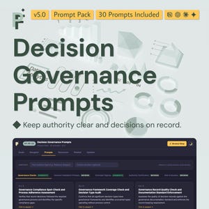 Può includere: Una visualizzazione di prodotto digitale intitolata Decision Governance Prompts v5.0 con 30 prompt inclusi. La grafica presenta testo verde scuro su sfondo chiaro con grafici e un'interfaccia scura che mostra le categorie di controllo.