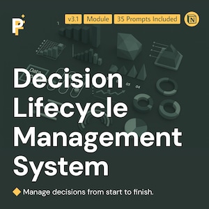 May include: Dark green graphic with the text "Decision Lifecycle Management System" in white. The image includes the text "Manage decisions from start to finish." and a logo with the letter "P".