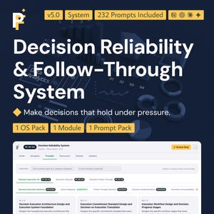 May include: A digital product interface titled Decision Reliability & Follow-Through System, featuring a dark blue background with data charts, text labels including v5.0, 232 Prompts Included, 1 OS Pack, 1 Module, 1 Prompt Pack, and a white dashboard.