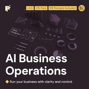 Op de afbeelding: Een donkere afbeelding met de tekst "AI Business Operations" in het wit. De afbeelding bevat ook de tekst "Run your business with clarity and control." en diverse datavisualisatiegraphics.