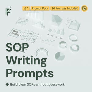 May include: A light green graphic with the text "SOP Writing Prompts" and "Build clear SOPs without guesswork." The image includes data analytics icons and the text "v3.1 Prompt Pack 24 Prompts Included."
