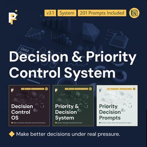 May include: A dark blue graphic with the text "Decision & Priority Control System." It includes three product cards: "Decision Control OS," "Priority & Decision System," and "Priority Decision Prompts." The image also states "Make better decisions under real pressure."
