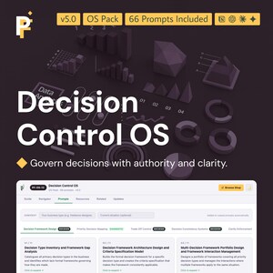 May include: A digital product interface titled Decision Control OS v5.0, featuring 66 prompts, displayed against a dark background with 3D data visualization icons including bar charts, pie charts, and geometric shapes, with the text Govern decisions with authority and clarity.