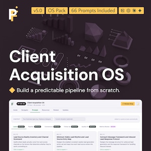 Può includere: Un'interfaccia di prodotto digitale intitolata Client Acquisition OS con uno sfondo scuro che presenta grafici, diagrammi e icone 3D. L'interfaccia mostra una dashboard con schede per guide, prompt e risorse, inclusi campi di testo per il contesto.