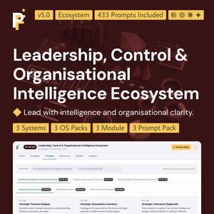 May include: A digital product interface titled Leadership, Control & Organisational Intelligence Ecosystem v5.0, featuring 433 prompts, 3 systems, 3 OS packs, 3 modules, and 3 prompt packs. The layout includes a dashboard with business operations tabs.