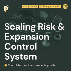 May include: Dark green graphic with the text "Scaling Risk & Expansion Control System." The image includes the text "v3.1 Module 42 Prompts Included" and the tagline "Control the risks that come with growth."