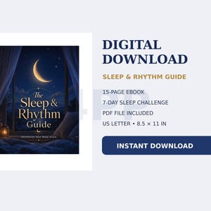 Könnte beinhalten: Ein digitales E-Book zum Herunterladen mit dem Titel The Sleep & Rhythm Guide, inklusive 15-seitigem PDF und 7-Tage-Schlaf-Challenge. Das Cover zeigt eine Mondsichel durch ein Fenster. Das Format ist US Letter, 21,59 mal 27,94 cm groß.