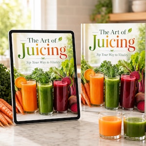 Peut inclure: Une tablette numérique et un livre physique intitulés The Art of Juicing, Sip Your Way to Vitality. Les couvertures présentent trois verres de jus orange, vert et rouge entourés de carottes, de chou frisé et de betteraves, avec des verres assortis.