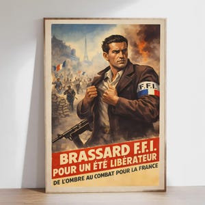 Peut inclure: Affiche vintage représentant un homme en veste marron avec un brassard F.F.I., regardant avec détermination. L'arrière-plan montre une scène de bataille avec la Tour Eiffel et des drapeaux français. Le texte en bas dit "Brassard F.F.I. Pour un été libérateur".