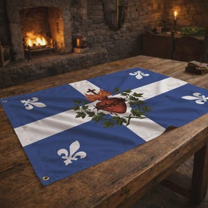Könnte beinhalten: Eine rechteckige blaue Flagge mit einem weißen Kreuz und vier weißen Fleur-de-Lis-Symbolen in den Ecken. In der Mitte befindet sich eine rote Darstellung des Heiligsten Herzens mit Kreuz und Flammen, umgeben von einem grünen Blattkranz.