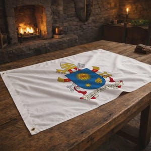 Peut inclure: Drapeau blanc orné d'un emblème détaillé avec un écusson bleu, des accents dorés et le texte "MISERANDO ATQUE ELIGENDO". Le drapeau est posé sur une table en bois dans une pièce avec une cheminée.