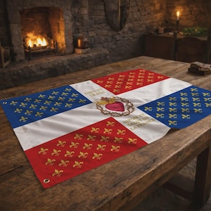May include: A rectangular flag with a white center, blue and red quadrants, and gold fleur-de-lis patterns. The center features a heart with a crown of thorns and the text "DIEU ET LE ROI" and "ESPOIR ET SALUTE DE LA FRANCE".