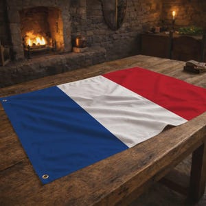 Puede incluir: Una bandera francesa rectangular con franjas verticales azules, blancas y rojas. La bandera es de tela y tiene ojales en el lado izquierdo. Se muestra sobre una mesa de madera.