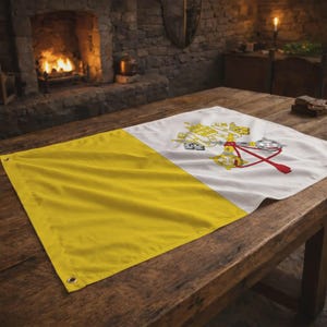 Peut inclure: Un drapeau de la Cité du Vatican, avec un design jaune et blanc et les armoiries de la Cité du Vatican. Le drapeau est posé sur une table en bois, avec une cheminée et un mur en pierre en arrière-plan.