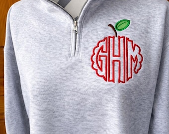 Regalo personalizado para un profesor, Sudadera con cremallera de 1/4 y monograma de manzana, Regalo personalizado para profesor