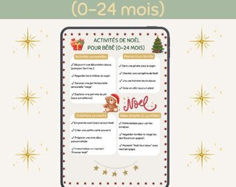 Könnte beinhalten: Ein druckbarer digitaler Weihnachtsaktivitätsführer für Babys im Alter von 0-24 Monaten. Der Leitfaden enthält sensorische Aktivitäten, Familienmomente, Souvenirideen und einfache tägliche Ideen. Das Design umfasst einen Teddybären mit Weihnachtsmütze und festliche Sterne.