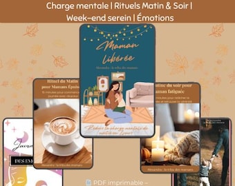 May include: A digital product bundle titled "Pack Maman Libérée" with the text "Charge mentale | Rituels Matin & Soir | Week-end serein | Émotions." The bundle includes digital guides and a journal, with illustrations of a mother and child, a coffee cup, and candles.
