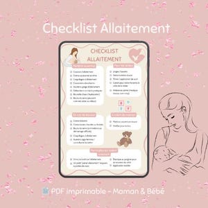 Peut inclure: Une liste de contrôle numérique rose intitulée "Checklist Allaitement" avec une liste d'articles essentiels pour l'allaitement. L'image comprend des illustrations d'une mère et d'un bébé, et un ours en peluche. Le texte "PDF imprimable - Maman & Bébé" est en bas.