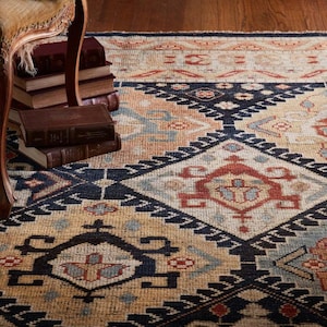 Tapete turco Oushak vintage azul marinho com padrão de diamantes, feito à mão.