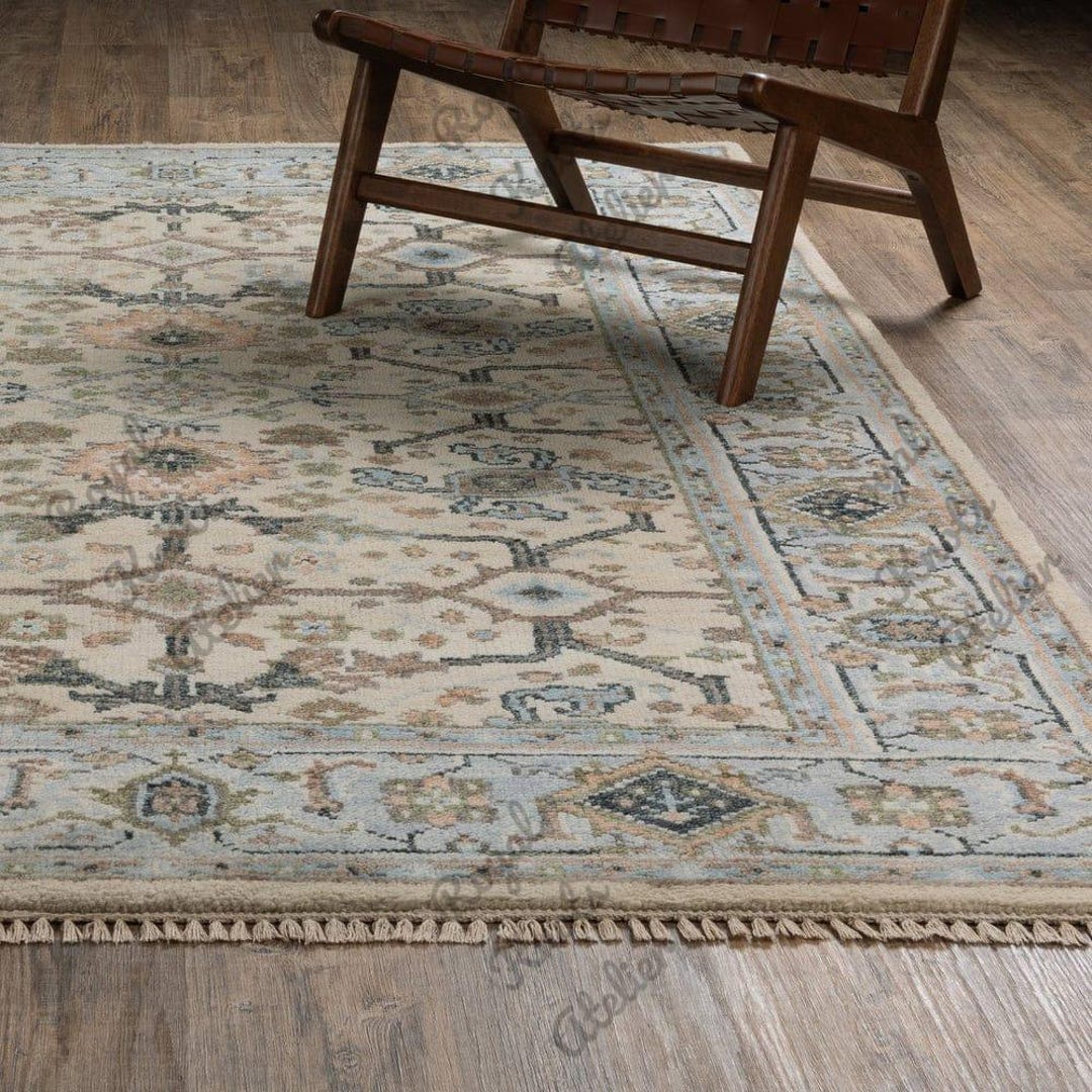 Hand Knotted Floral Oushak Rug: Vintage Turkish Wool Area Carpet - Etsy