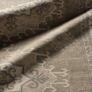 Hand knotted Neutral Tribal Oushak Rug: Vintage Beige Wool Carpet