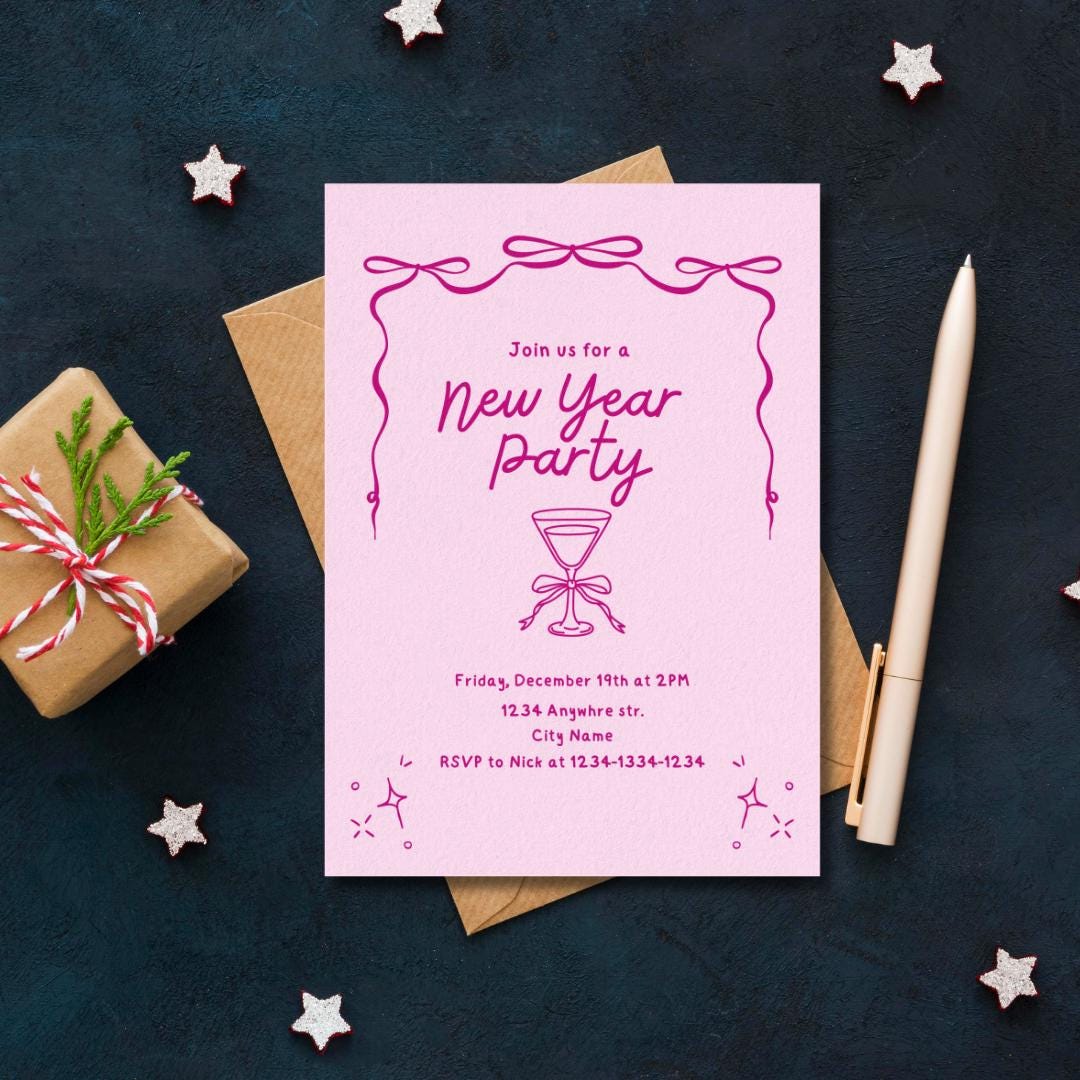 Plantilla de Canva para invitación a fiesta de Año Nuevo en color rosa ...