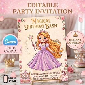 Editable Princess Birthday Invitation, Magical Princess Party Invite, Fairy Tale Birthday Bash, Instant Download, Canva Template, Gold Pink