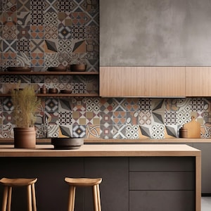 May include: A kitchen with a decorative tile backsplash featuring geometric patterns in shades of brown, orange, and gray. Wooden shelves and cabinets complement the design, with a dark gray island and wooden stools.