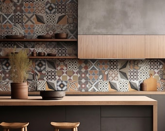 May include: A kitchen with a decorative tile backsplash featuring geometric patterns in shades of brown, orange, and gray. Wooden shelves and cabinets complement the design, with a dark gray island and wooden stools.