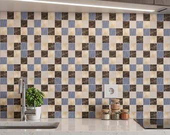 Mixed Stone Mosaic Peel and Stick Tile, Neutral Marble Look Backsplash PVC Wall Decor