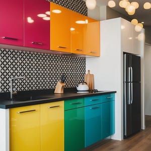 Könnte beinhalten: Moderne Küche mit glänzenden Schränken in Pink, Orange, Gelb, Grün und Blau. Eine schwarze Arbeitsplatte und eine gemusterte Rückwand ergänzen die farbenfrohen Schränke. Ein schwarzer Kühlschrank und Holzboden vervollständigen das Design.