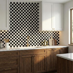 Könnte beinhalten: Eine Küche mit einem schwarz-weißen karierten Fliesenspiegel. Die Küche verfügt über Holzschränke, eine weiße Arbeitsplatte und einen goldenen Wasserhahn. Weiße Oberschränke und ein Fenster sind ebenfalls sichtbar.