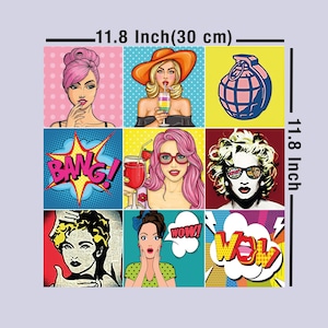 Puede incluir: Impresión de arte pop con nueve paneles coloridos. Cada panel muestra una ilustración diferente, incluyendo retratos de mujeres, una granada y texto de cómic. La impresión mide 30 cm cuadrados.
