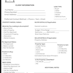 May include: A black and white Realtor Intake Lead Sheet with a house and heart logo. The form includes sections for client information, property needs, buyer and seller details, and next steps. It is designed to gather information for real estate transactions.
