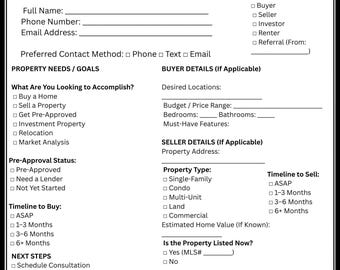 Realtor Lead Intake Form | Real Estate Client Intake Sheet | Buyer & Seller Questionnaire | Lead Capture Template | Printable PDF